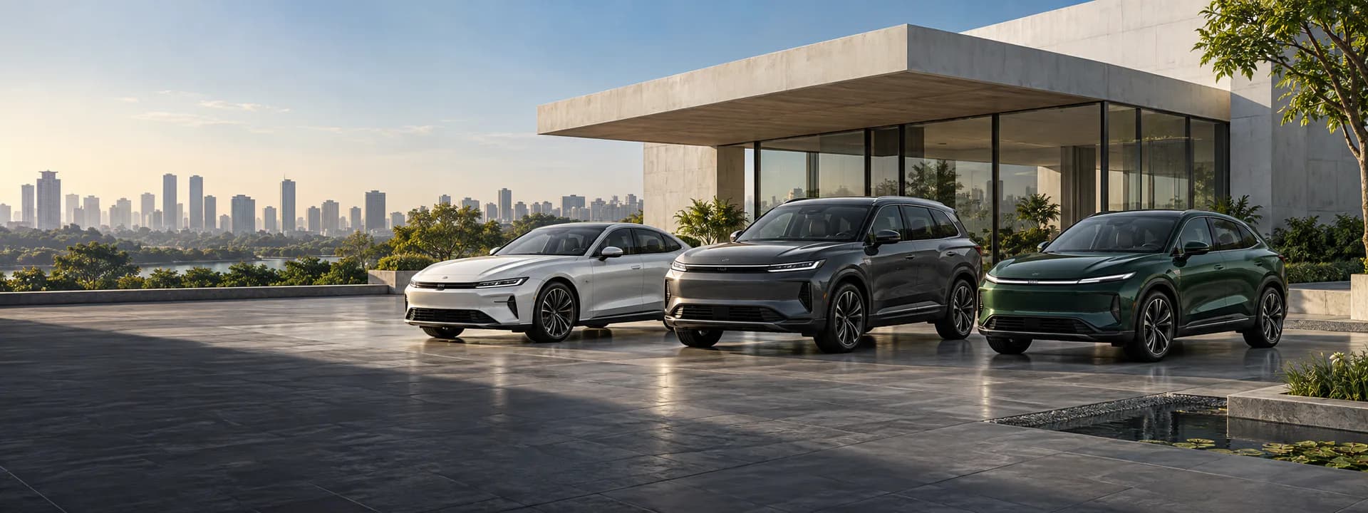 Premium cars outside a contemporary showroom